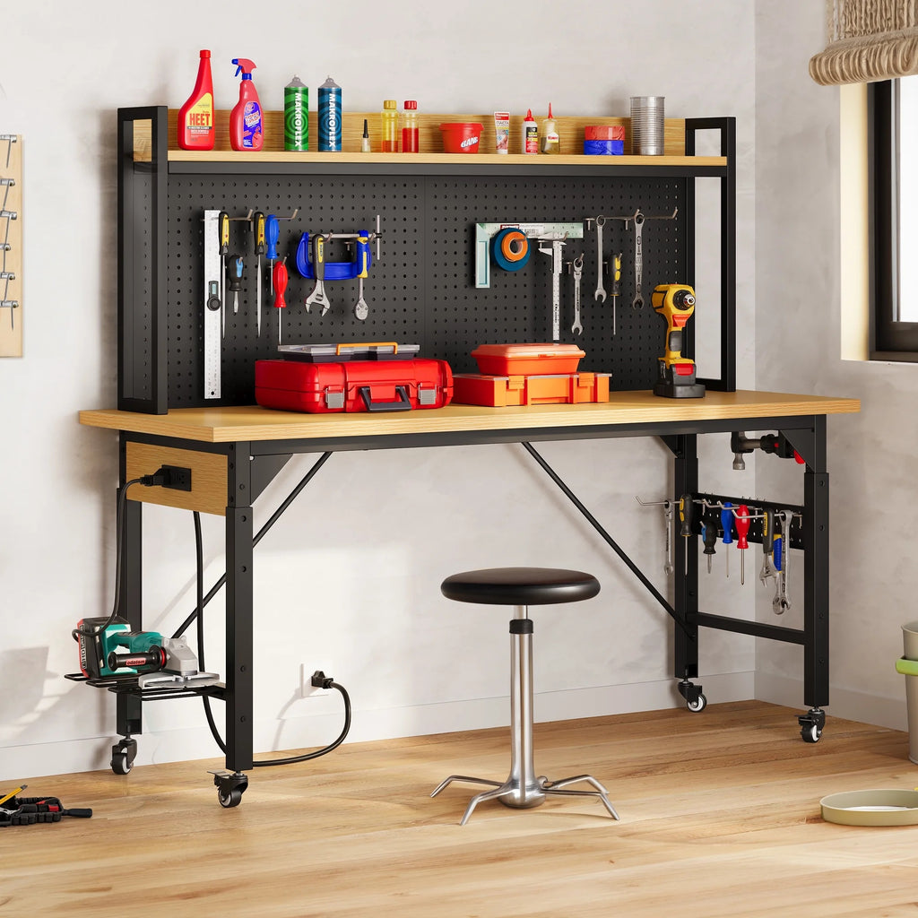 DEXTRUS Multifunctional Workbench with Wheels, 59.1" x 23.6" with Pegboard Worktable w/ Power Outlets, A3 Steel Work Bench For Garage max. Heavy Duty Workbench 2000lbs Weight Capacity