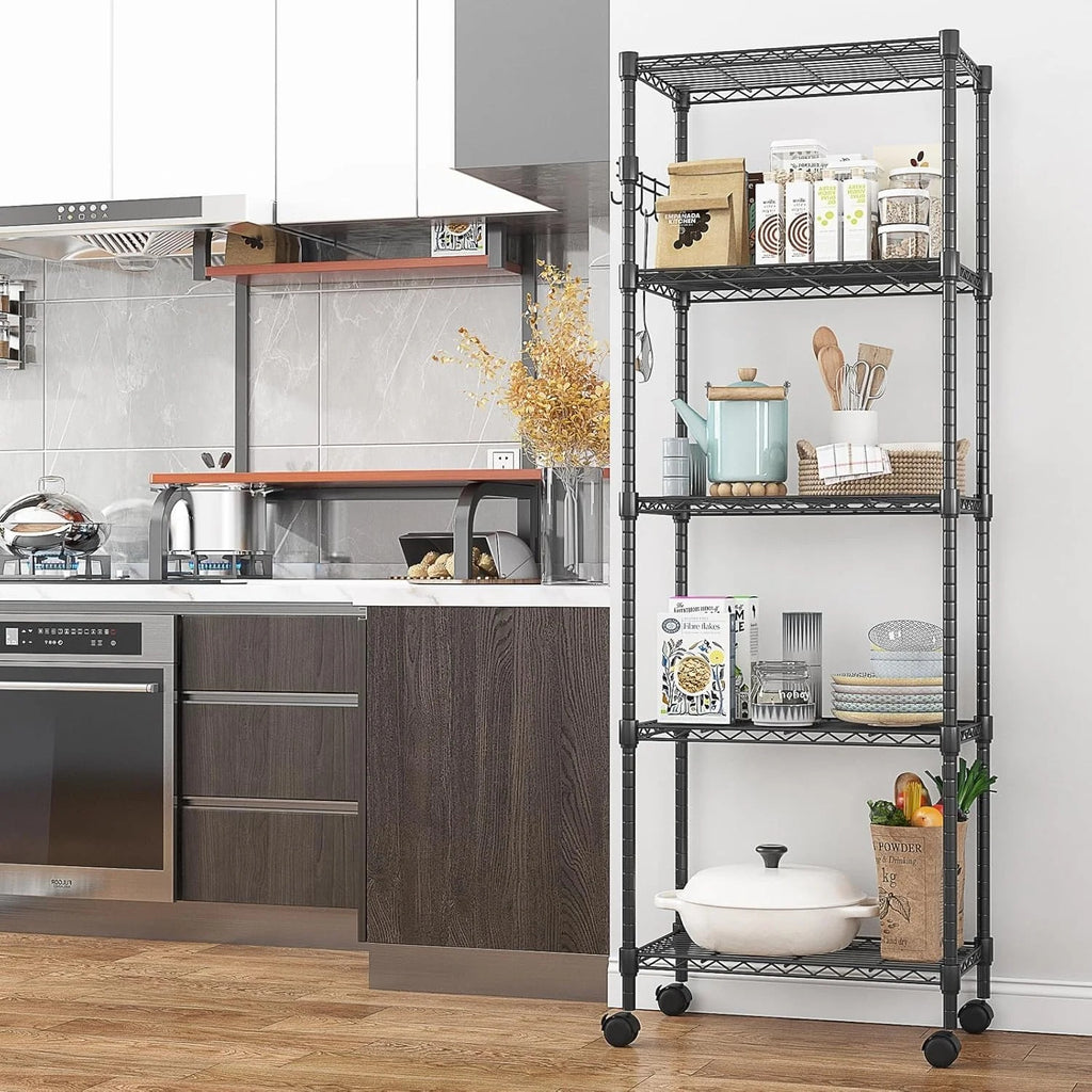 5-Tier Storage Shelf Wire Shelving Unit on Wheels, Adjustable Heavy Duty Metal Shelves with Side Hooks, Steel Rack Organization for Kitchen Garage Basement, Silver