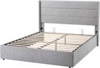 Queen Size Lift Up Storage Bed with Wingback Headboard, Upholstered Platform Bed Frame with Hidden Storage