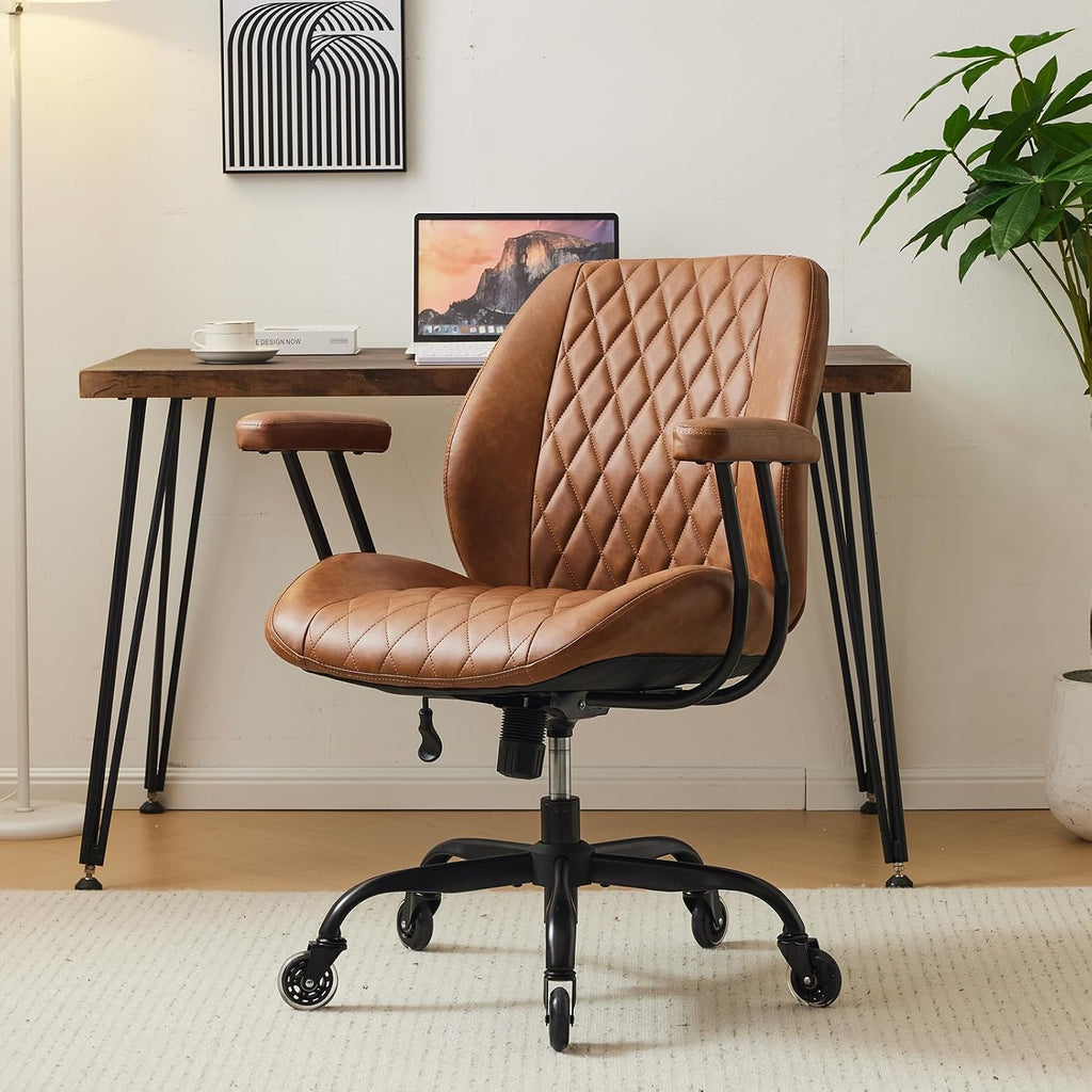 Home Office Desk Chair with Rubber Casters, Ergonomic Computer Chair with Lumbar Support, Adjustable Height Rolling Swivel Executive Task Chair with Armrests, Brown Leather