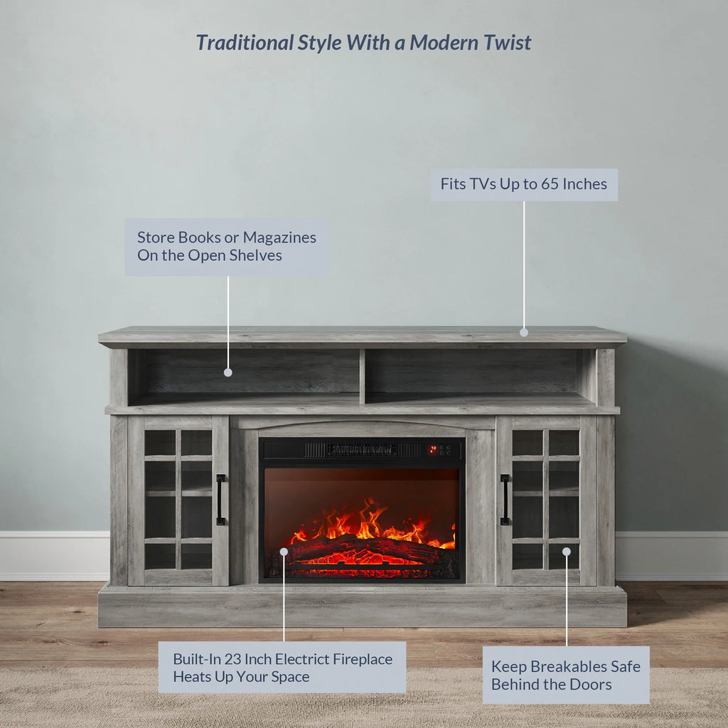 BELLEZE 58" TV Stand with 23" Electric Fireplace, Fireplace TV Console for TVs up to 65", Home Entertainment Center with Storage Cabinet and Adjustable Shelves - Astorga (Gray Wash)