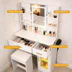 White LED Vanity Table with Three-Color Adjustable Light HD Mirror, USB Charging Port,Leather Stool, Double-Layer Acrylic Cabinet with Ambient Lighting,and Makeup Table with Drawer Storage