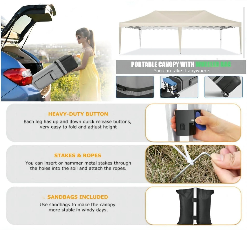 HOTEEL Canopy 10'x20' Pop Up Canopy Tent Heavy Duty Waterproof Adjustable Commercial Instant Canopy Outdoor Party Canopy Parties,Wedding,Outside Patio,Event,Backyard,White