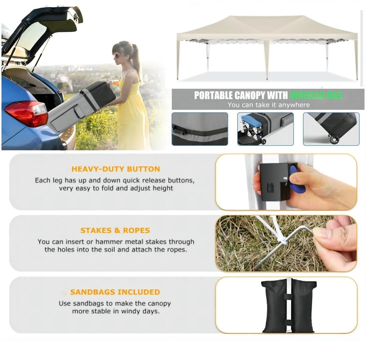 HOTEEL Canopy 10'x20' Pop Up Canopy Tent Heavy Duty Waterproof Adjustable Commercial Instant Canopy Outdoor Party Canopy Parties,Wedding,Outside Patio,Event,Backyard,White