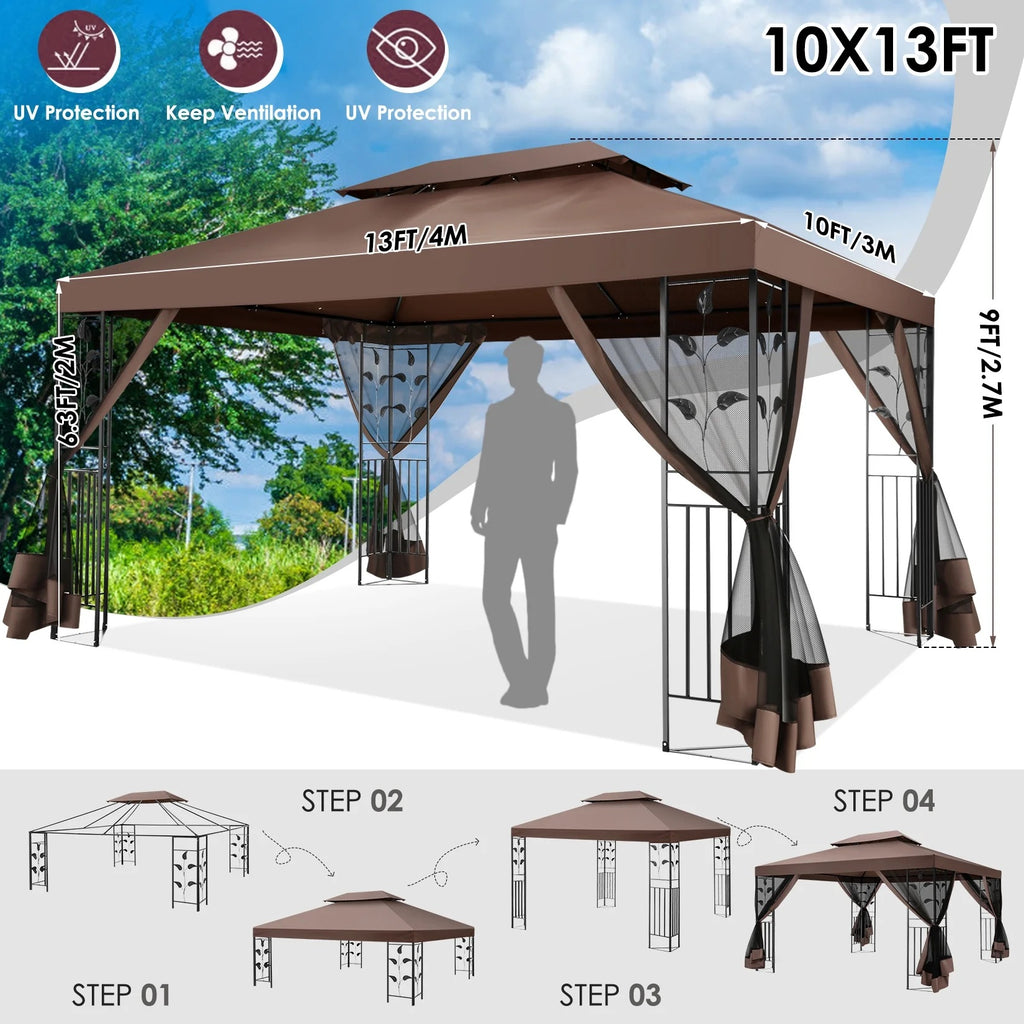SANOPY 10'x13.3' Metal Patio Gazebo, Outdoor Gazebo Canopy Tent for Backyard with Mesh Curtains, Gazebos Shelter with Display Shelves, Steel Frame, Patio Covers for Tailgate