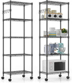 5-Tier Storage Shelf Wire Shelving Unit on Wheels, Adjustable Heavy Duty Metal Shelves with Side Hooks, Steel Rack Organization for Kitchen Garage Basement, Silver