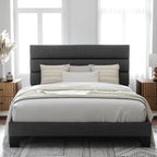 Queen Size Upholstered Platform Bed Frame, Dark Gray Fabric Bed with Headboard for Bedroom