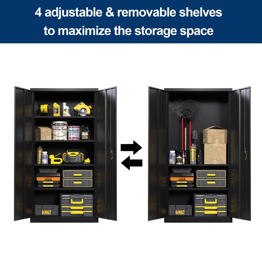 GAEANET 2 Door Metal Storage Cabinet with 5 Adjustable Shelves &Pegboard, 71" H-32" W-16" D Locking Steel Garage Cabinet, for Garage,Office,Home,Gym,School, File Cabinet,Assembly Required, Black