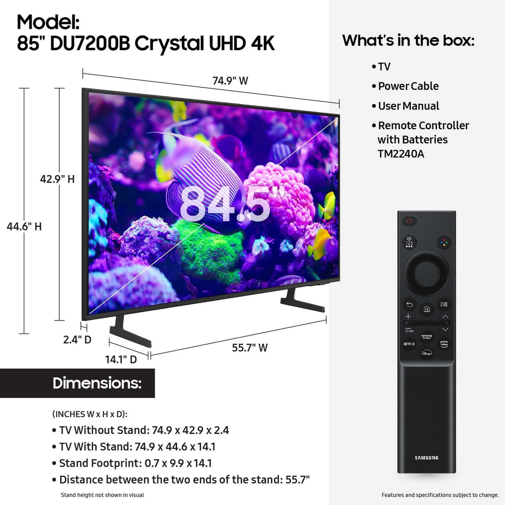 85 Crystal UHD 4K Smart TV DU7200B with, HDR, and 2024 Model