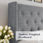 Queen Size Lift Up Storage Bed with Wingback Headboard, Upholstered Platform Bed Frame with Hidden Storage