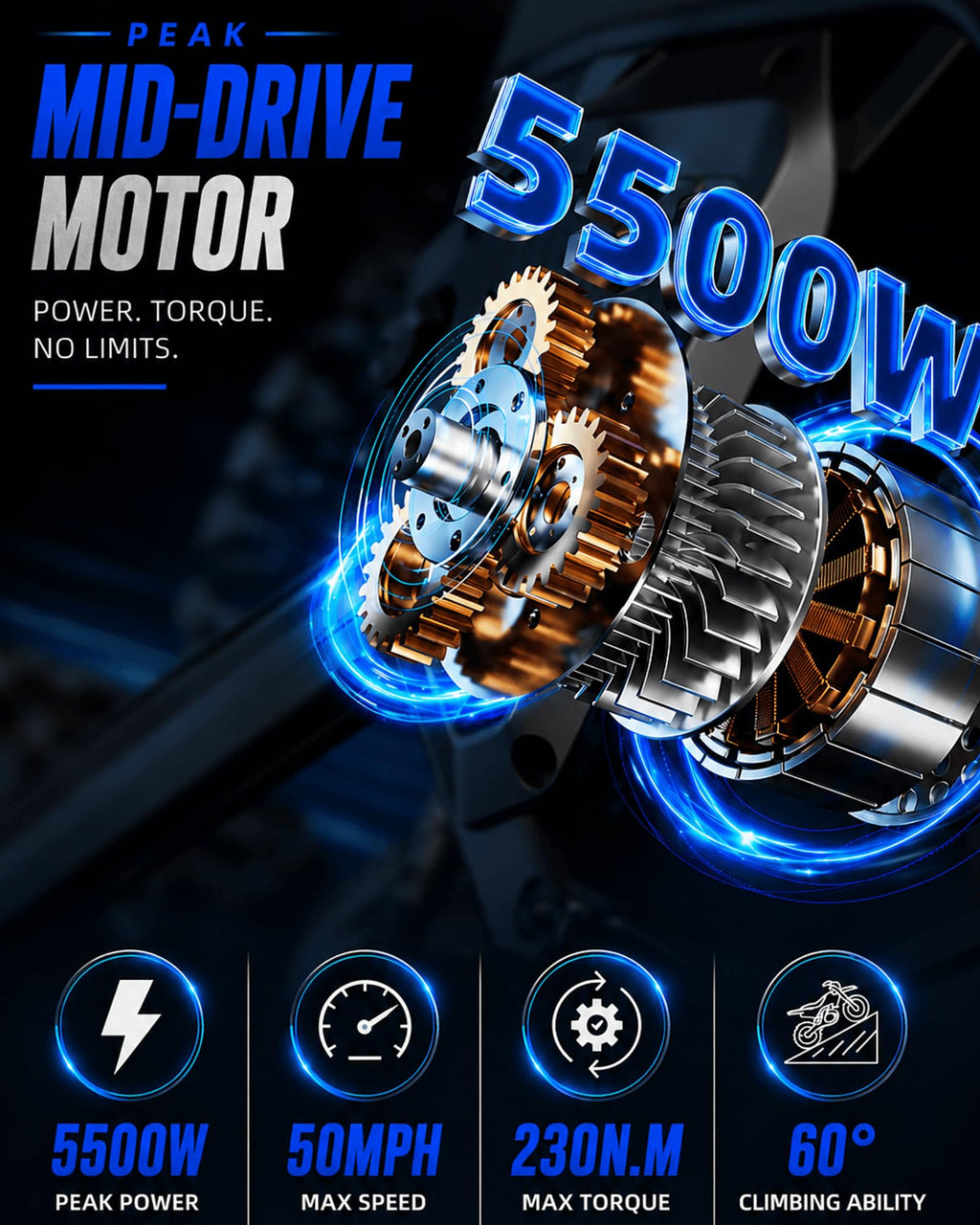 Electric Dirt Bike 5500W Peak Power, Electric Motorcycles