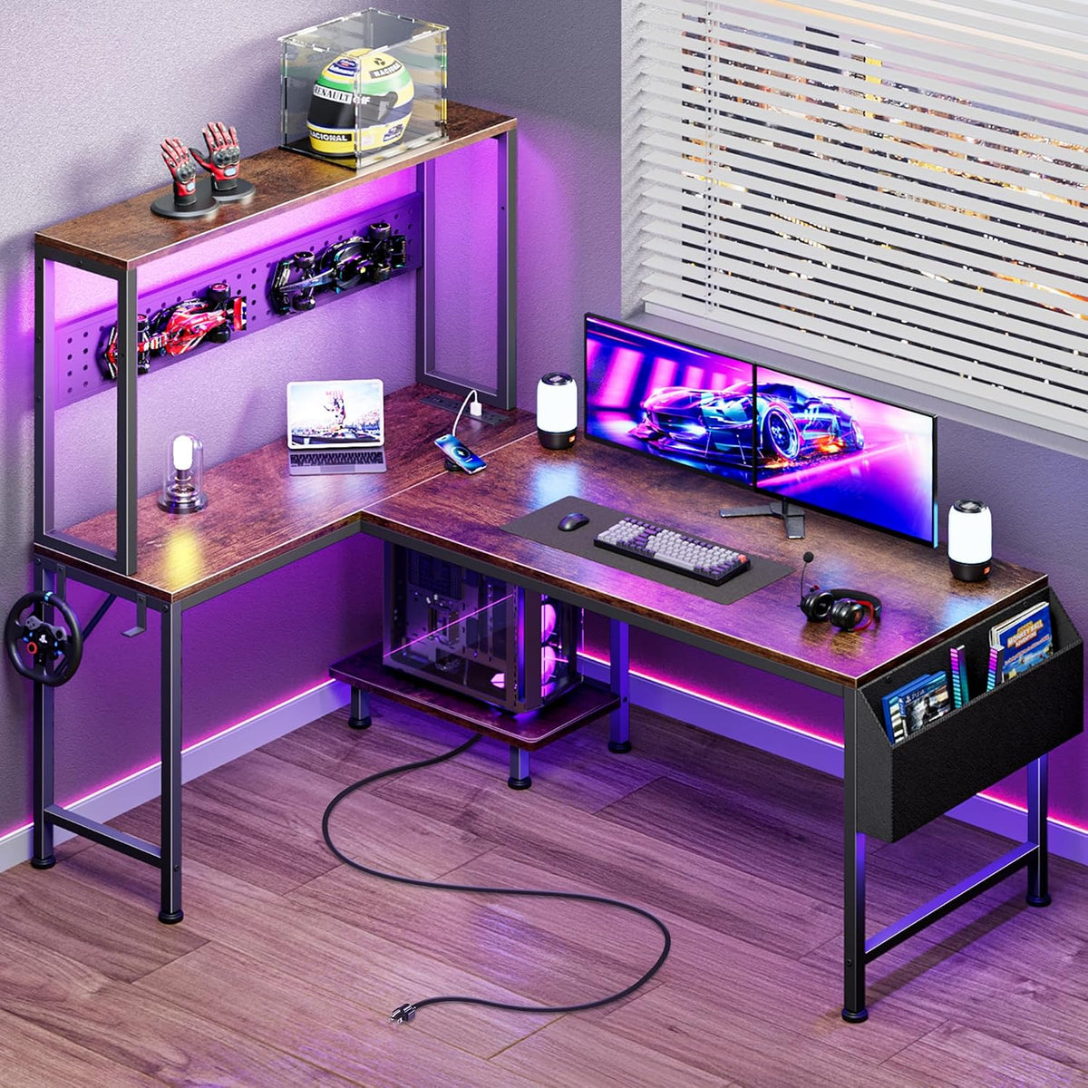 L Shaped Gaming Desk with LED Lights & Power Outlets