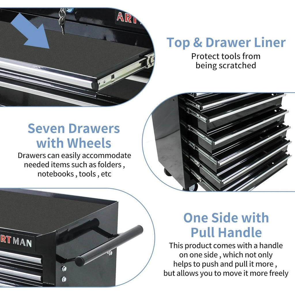 POVANLI  7-Drawer Rolling Tool Chest with Wheels Multifunctional Tool Chest Portable Tool Storage Cabinet with Locking System for Garage Workshop Warehouse Repair Shop