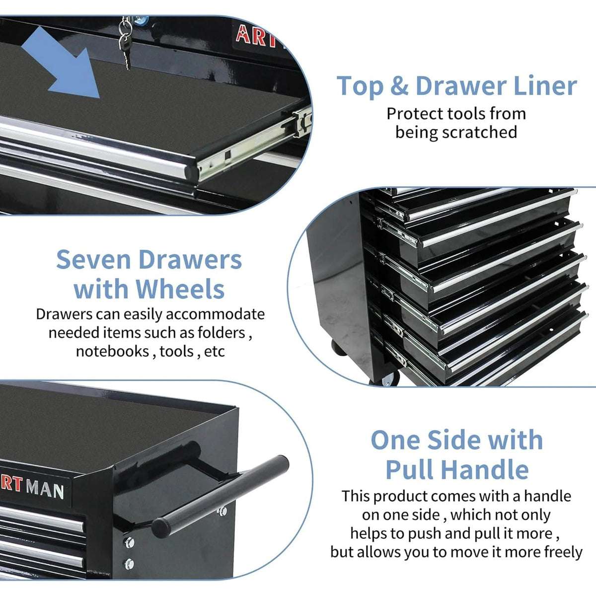 POVANLI  7-Drawer Rolling Tool Chest with Wheels Multifunctional Tool Chest Portable Tool Storage Cabinet with Locking System for Garage Workshop Warehouse Repair Shop