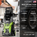 FOTING Electric Pressure Washer, 4500 PSI 3.2 GPM Power Washer with 4 Quick Connect Nozzles, High Pressure Cleaning Machine with Foam Cannon for Cars/Fences/Driveways/Patios/Home Cleaning