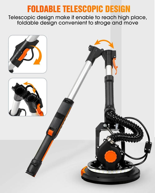 "Electric Drywall Sander with Vacuum Dust Collection, Variable Speed, LED Light, Foldable Handle, Includes Sanding Discs & Grids for Home & Professional Use"