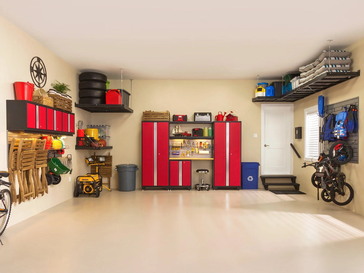 NewAge Products Bold Series Red 14 Piece Cabinet Set, Heavy Duty 24-Gauge Steel Garage Storage System, Slatwall / LED Lights Included
