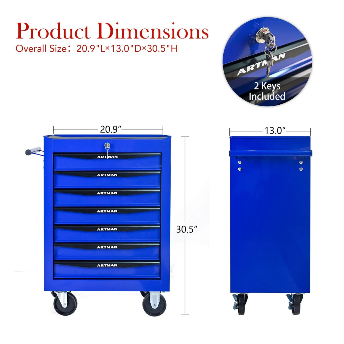FARONZE Rolling Metal Tool Chest with 7 Drawers, 20" Steel Storage Cabinet with Ball Bearing Slides, Black and Blue Finish