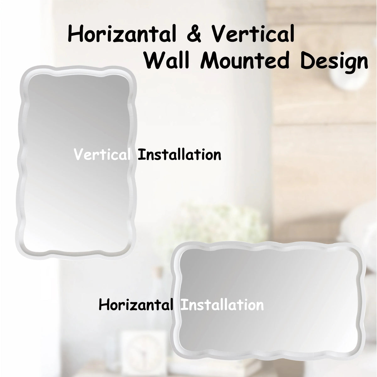 Curved Scallop Wood Frame Accent Mirror, Modern Decorative Wall Mirror for Living Room, Bedroom and Entryway