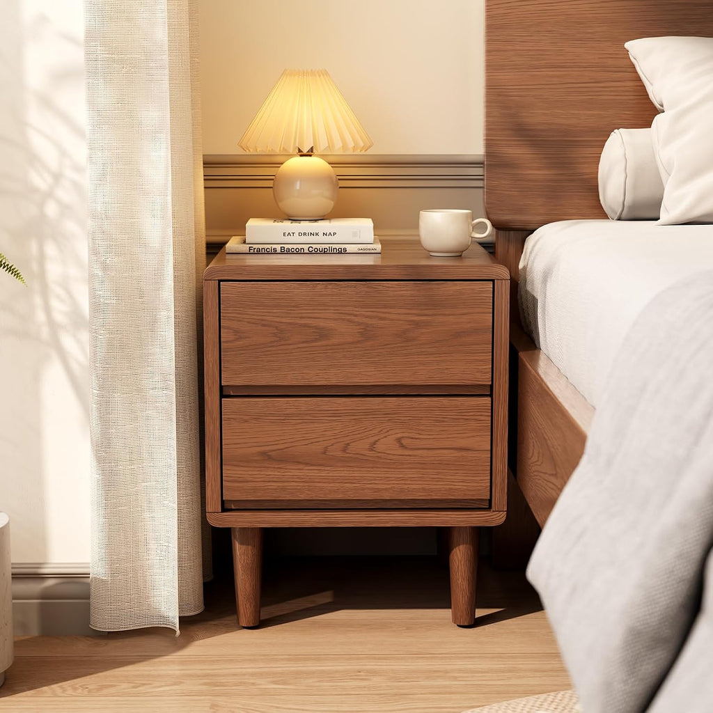 Walnut Solid Wood Nightstand with Drawers, Mid Century Modern Nightstand with Storage, Small Bedside Table for Bedroom, Living Room & Office