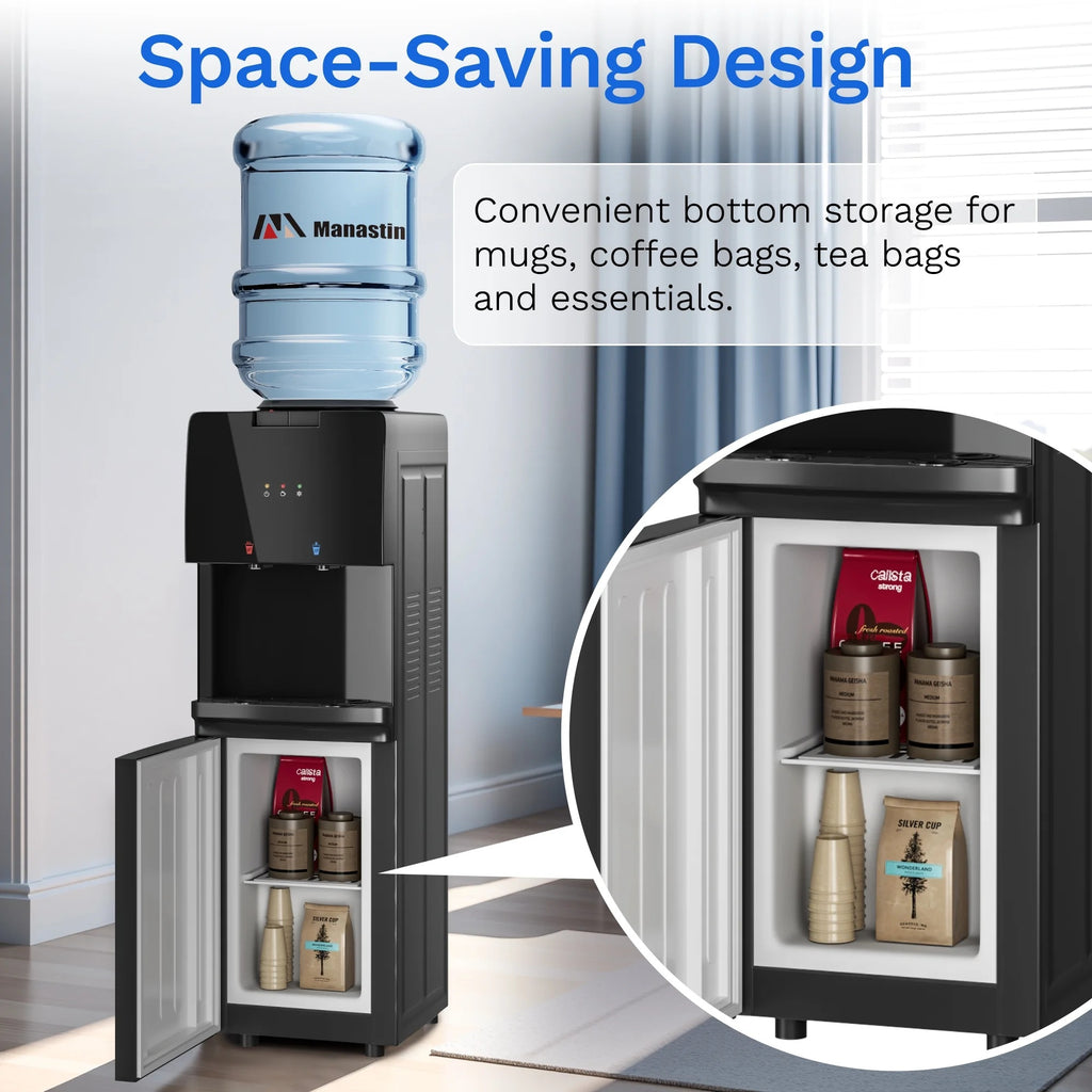 Manastin Top Loading Water Dispenser - Hot and Cold Water, Child Lock, Removable Water Tray, Extra Storage, Black