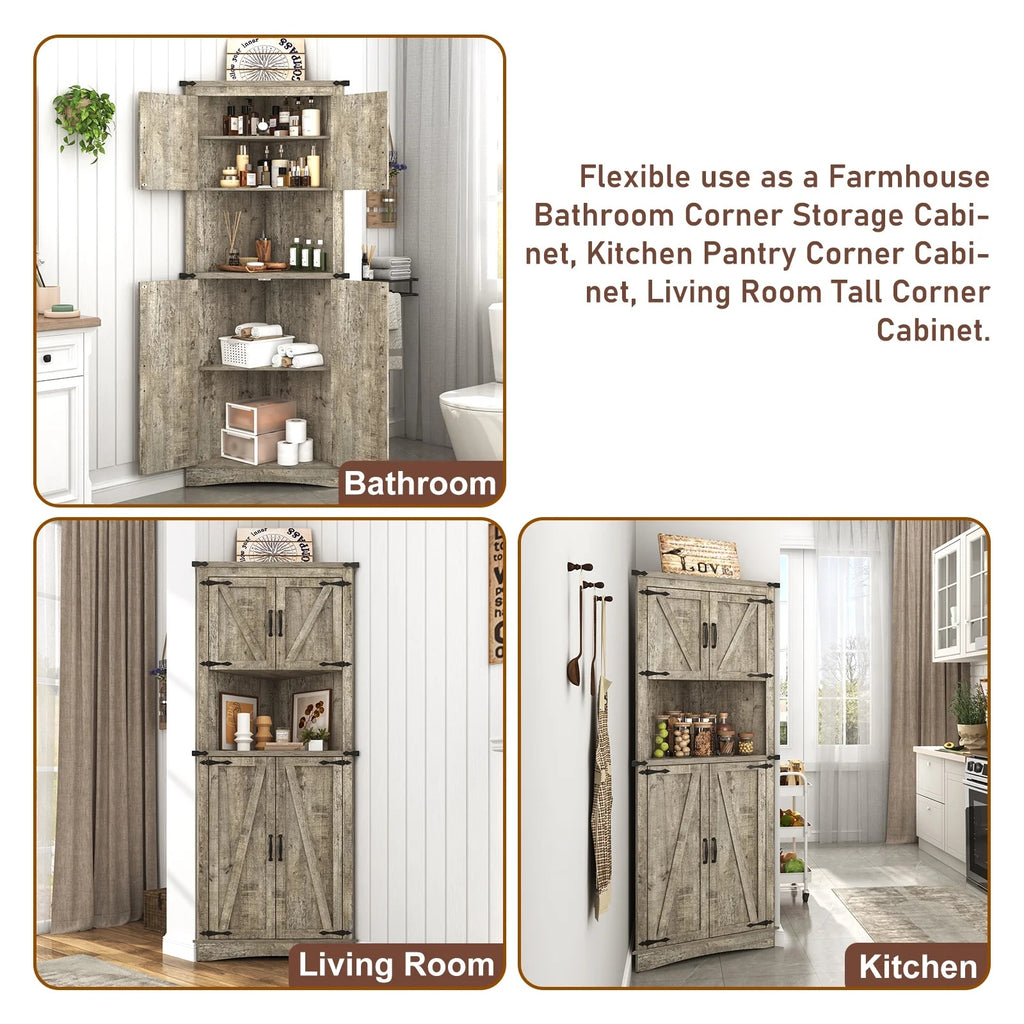 Blotout 68" Tall Farmhouse Corner Cabinet with 4 Doors, 28.3" W Barn Door Storage Cabinet with Adjustable Shelves, 5 Tier Corner Storage Cabinet for Bathroom,Living Room,Kitchen