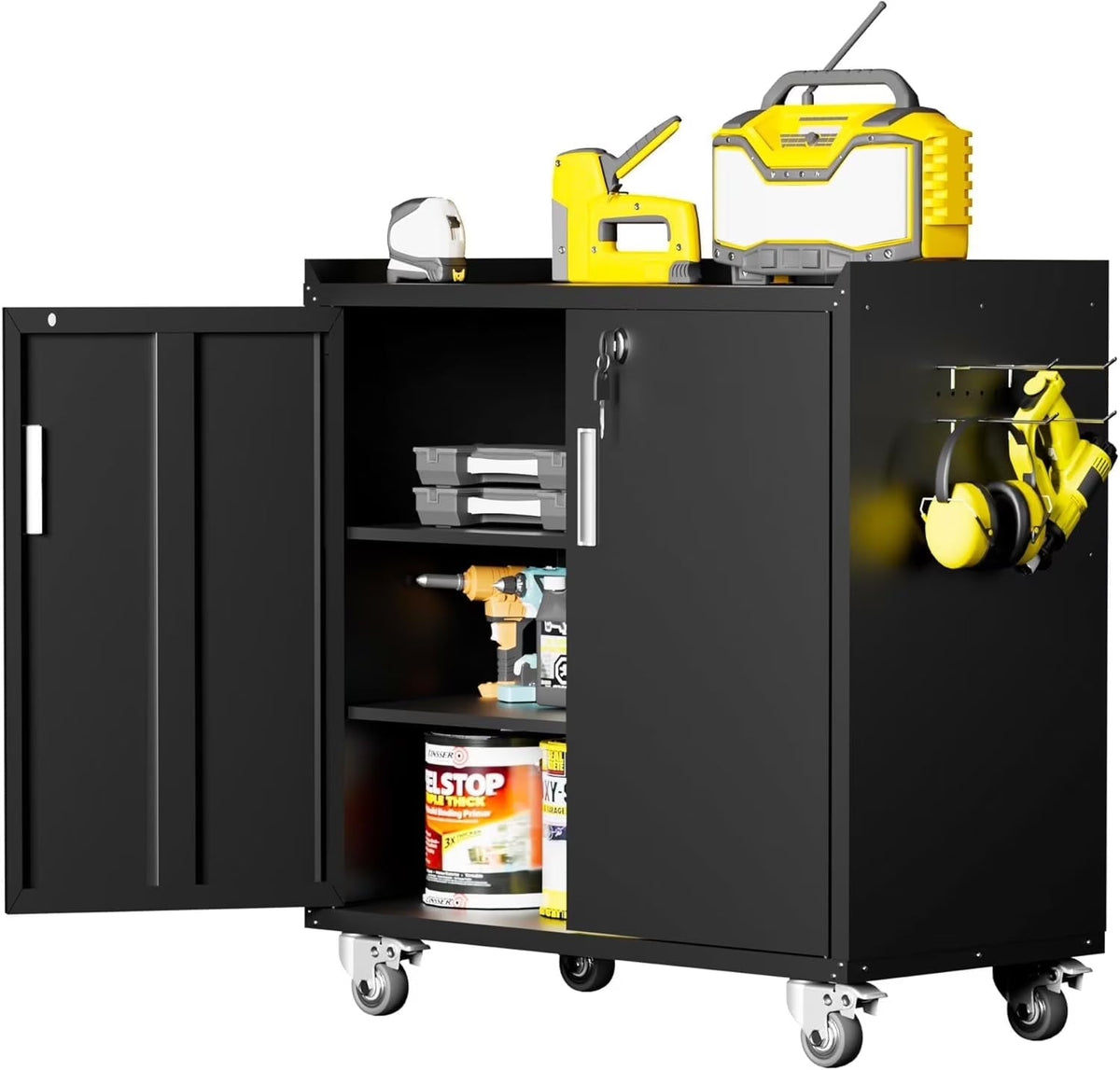 GXK-Home  Metal Garage Storage Cabinet With Lock and Hook Hole,Tool Chest with Wheels for Workshop,Black