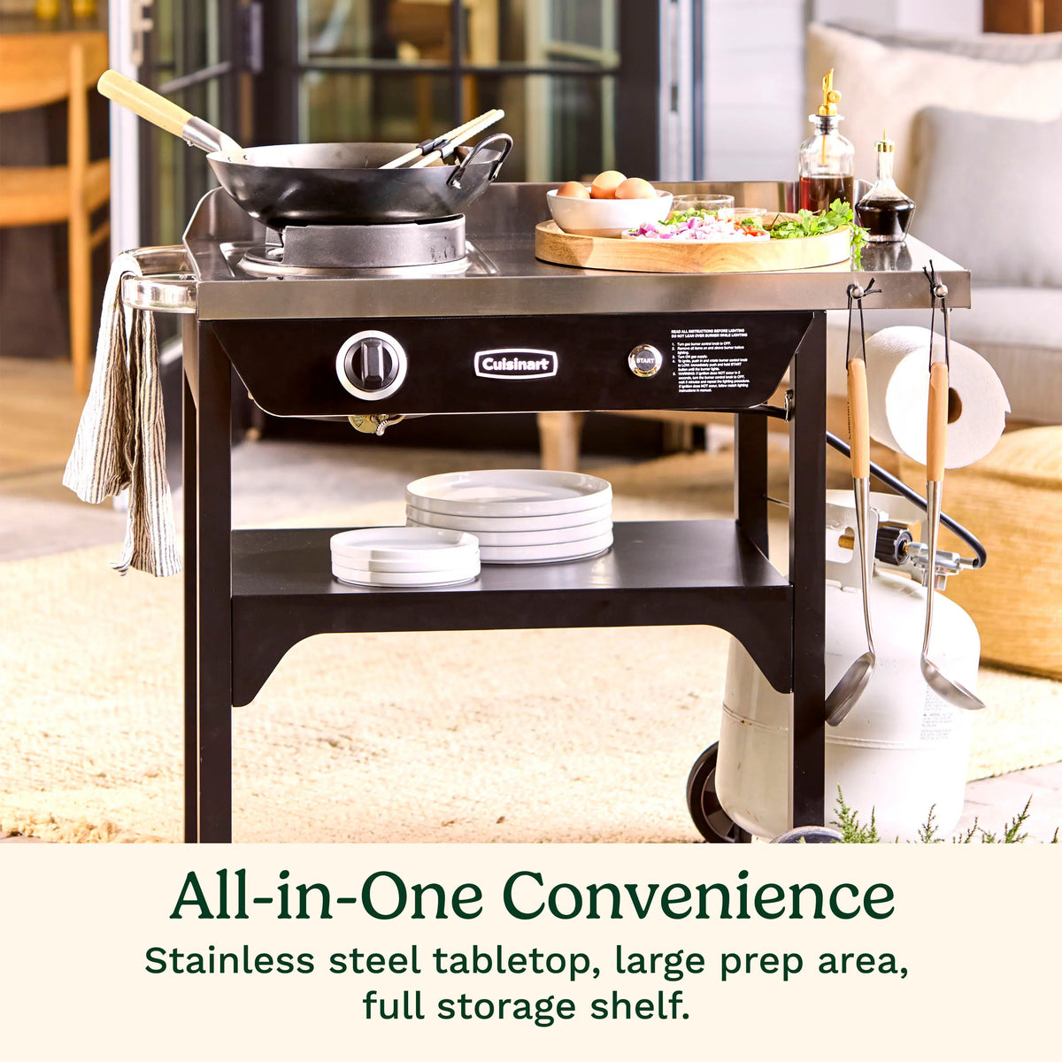 Outdoor Wok Station, 50,000 BTU Propane Outdoor Wok Burner w Prep Table, 14 Carbon Steel Wok for Stir Fry, Searing, BBQ Black