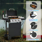 Qiushi 3-Burner Propane Gas Grill, 26,000 BTU Stainless Steel BBQ Grill with 2 Shelves & Thermometer, Outdoor Patio Grill with Electronic Ignition, Wheels & Bottle Opener -M?Durable & Even Heating