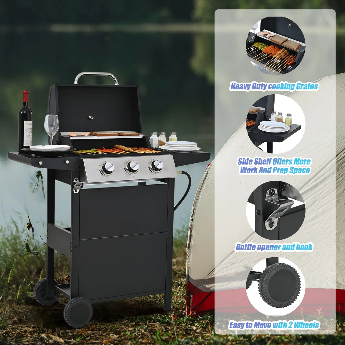 Qiushi 3-Burner Propane Gas Grill, 26,000 BTU Stainless Steel BBQ Grill with 2 Shelves & Thermometer, Outdoor Patio Grill with Electronic Ignition, Wheels & Bottle Opener -M?Durable & Even Heating