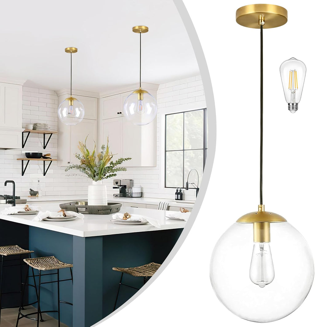 14" Gold Globe Pendant Light, Mid Century Pendant Light, Clear Glass Pendant Lights, Kitchen Island Adjustable Hanging Light Fixture for Dining Room, Bedroom, Kitchen Island