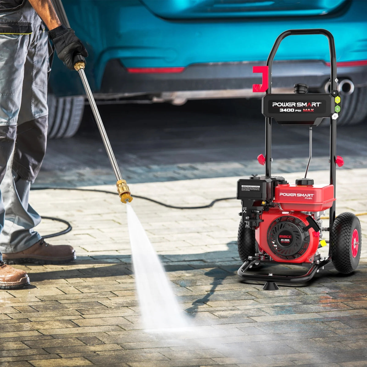 PowerSmart Gas Pressure Washer, 212cc, 3400PSI, 2.5GPM, 10-inch Wheel, for Cars/ Fences Cleaning