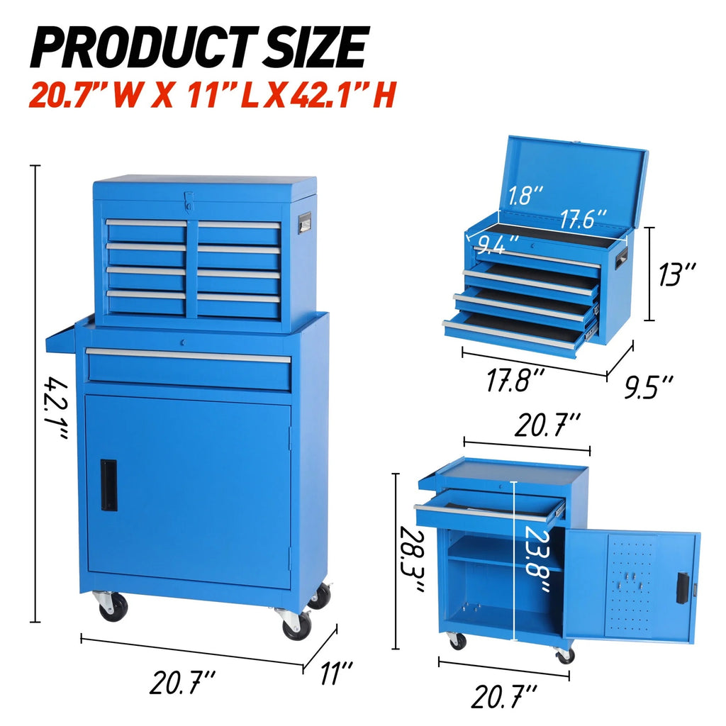 Rolling Tool Chest with 5 Drawers and Detachable Top Box Heavy Duty Steel Construction Lockable Wheels for Garage Workshop Storage Organization