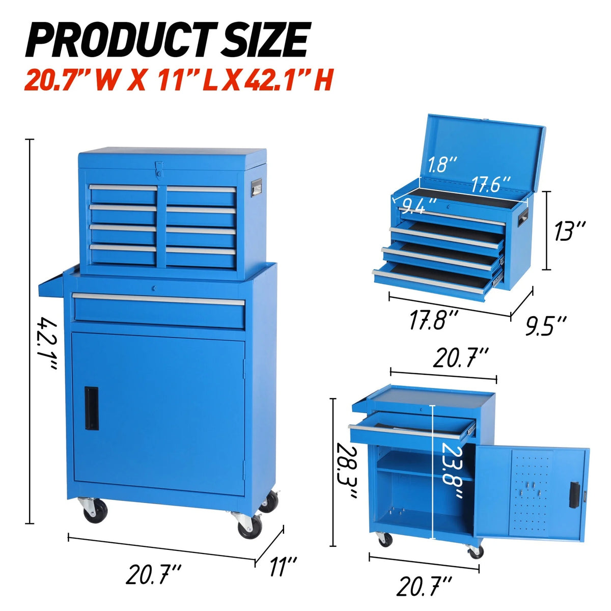 Rolling Tool Chest with 5 Drawers and Detachable Top Box Heavy Duty Steel Construction Lockable Wheels for Garage Workshop Storage Organization