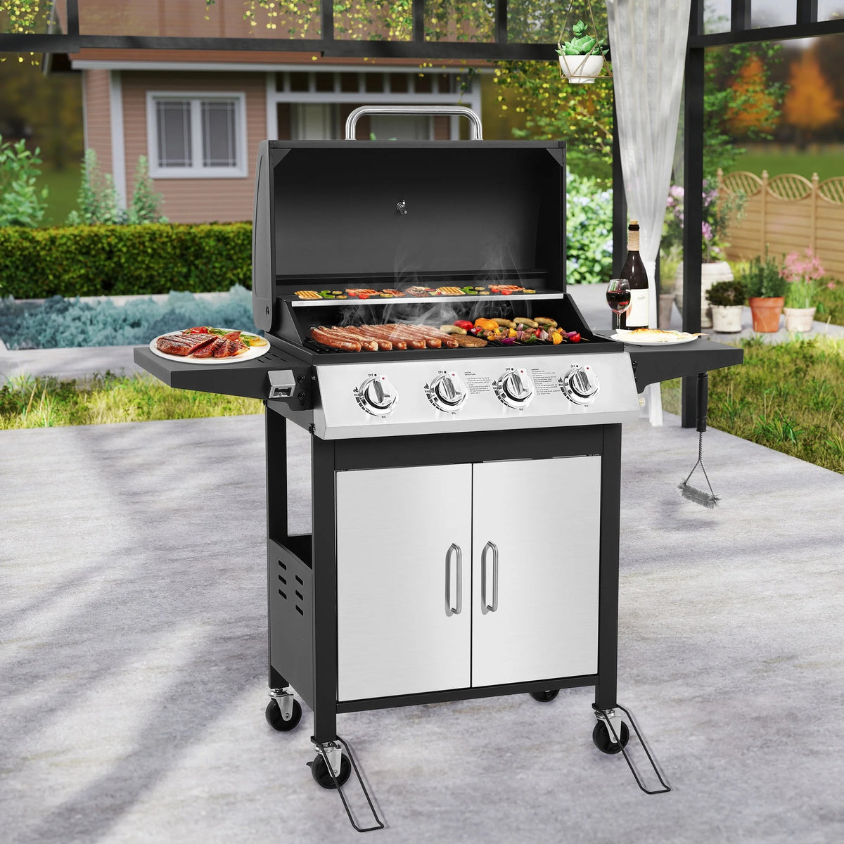 SEGMART 4 Burner BBQ Propane Gas Grill, Stainless Steel 40,000 BTU Patio Garden Barbecue Grill with Folding Side Tables, Cleaning Brush & Thermometer, Perfect for Camping, Outdoor Cooking