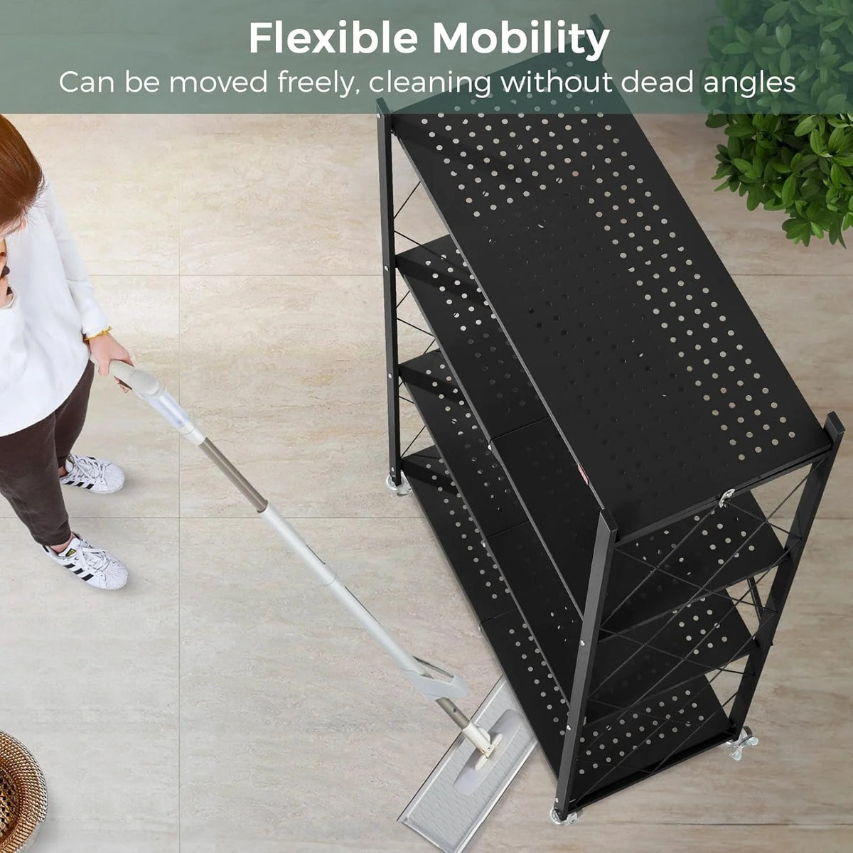 4 Tier Foldable Storage Shelves with Wheels, Large Capacity Shelving Unit, Freestanding Metal Wire Shelf Rack, No Assembly Organizer Rack for Garage Kitchen, Basement, Pantry(Black)