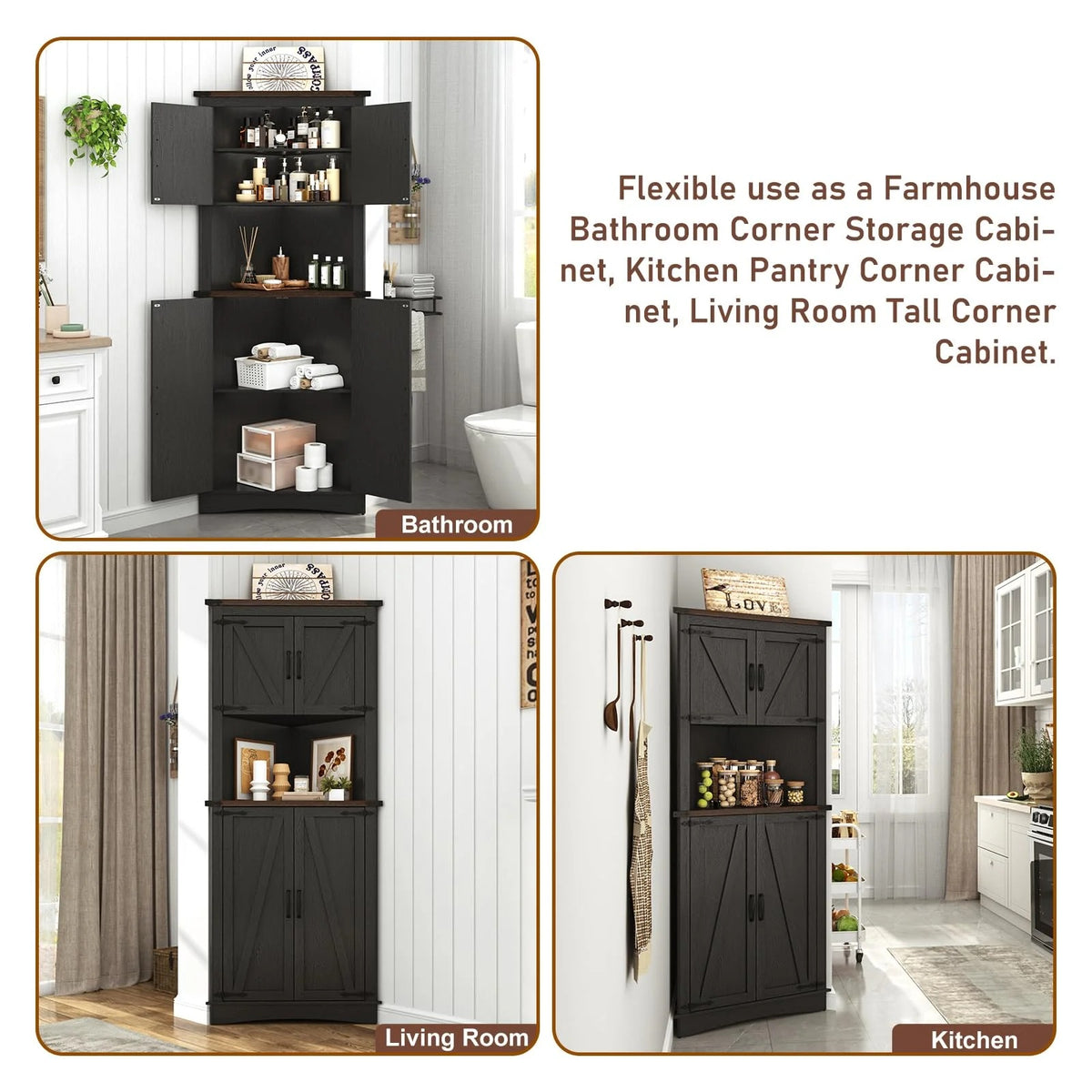 Blotout 68" Tall Farmhouse Corner Cabinet with 4 Doors, 28.3" W Barn Door Storage Cabinet with Adjustable Shelves, 5 Tier Corner Storage Cabinet for Bathroom,Living Room,Kitchen