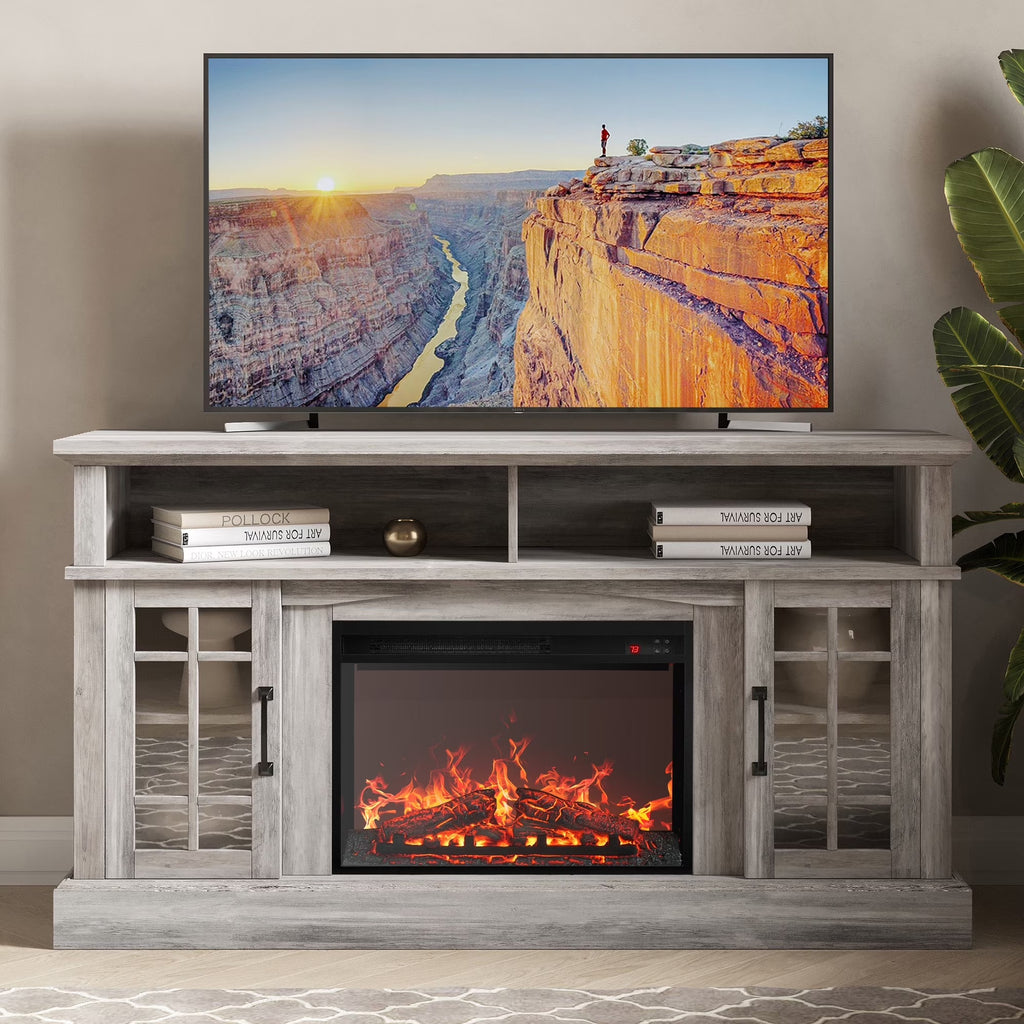 BELLEZE 58" TV Stand with 23" Electric Fireplace, Fireplace TV Console for TVs up to 65", Home Entertainment Center with Storage Cabinet and Adjustable Shelves - Astorga (Gray Wash)