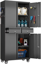 GangMei 71 Inches Tall Metal Garage Storage Cabinets with 5 Adjustable Shelves & Pegboards, Lockable Steel Black Storage Cabinet with Doors for Office, Home, School, Shops, Garage, Assembly required