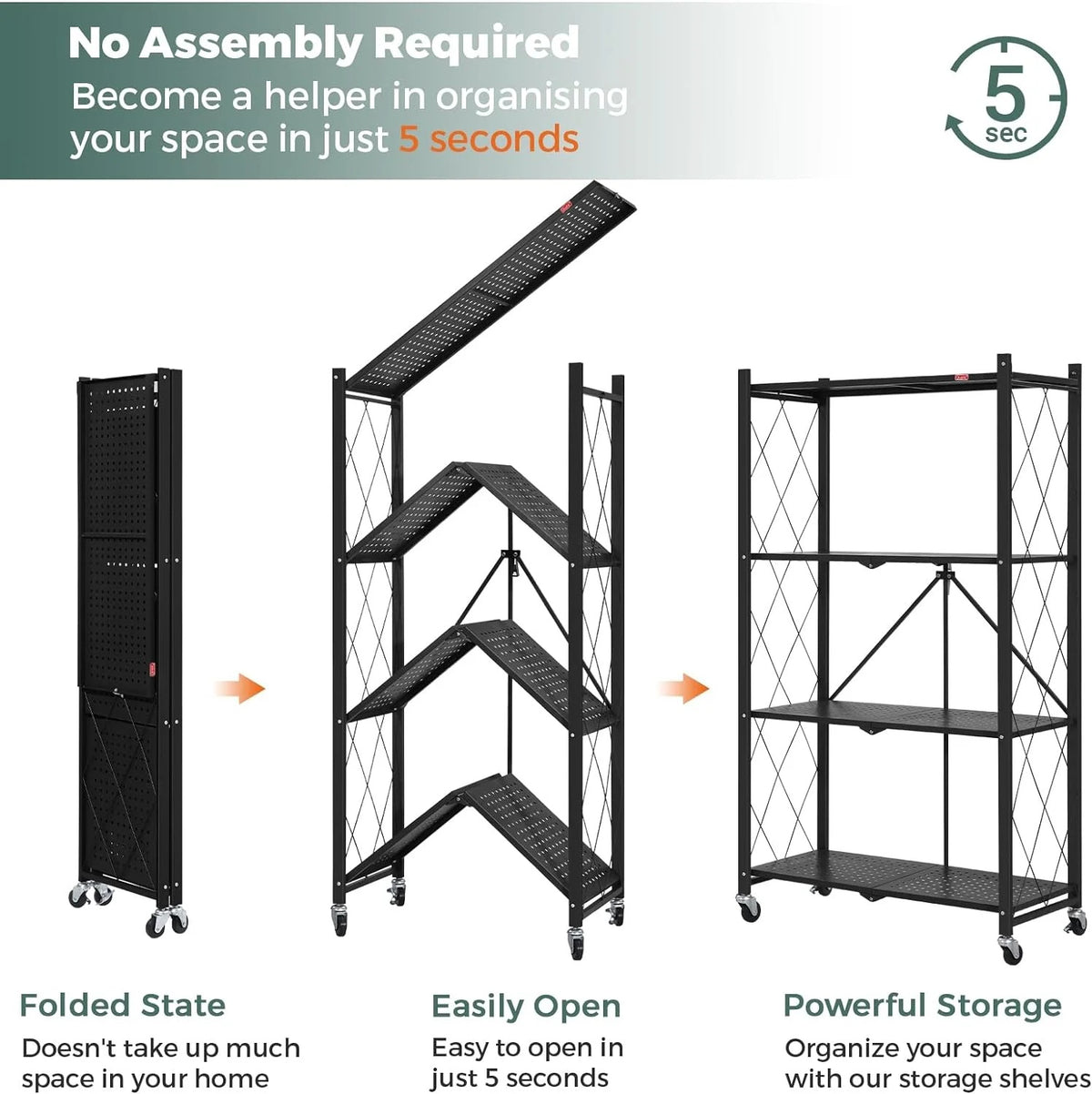 4 Tier Foldable Storage Shelves with Wheels, Large Capacity Shelving Unit, Freestanding Metal Wire Shelf Rack, No Assembly Organizer Rack for Garage Kitchen, Basement, Pantry(Black)
