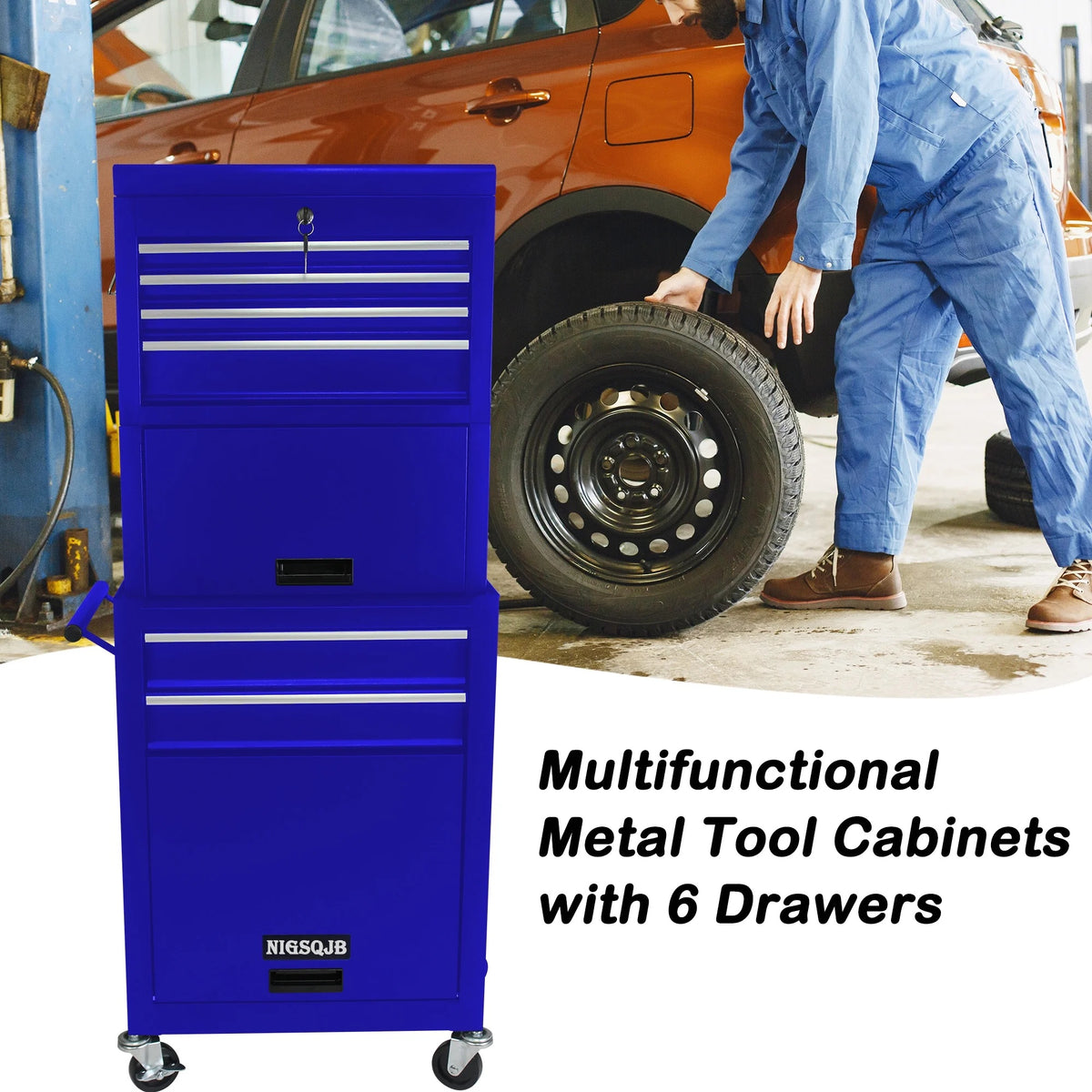 NIGSQJB 3-In-1 Tool Chest on Wheels with 6 Drawers, 52"H Tool Storage Cabinet with Auto Locking System,Detachable Top,Tool Box Organizer for Garage,Workshop,Repair Shop,DIY, Red
