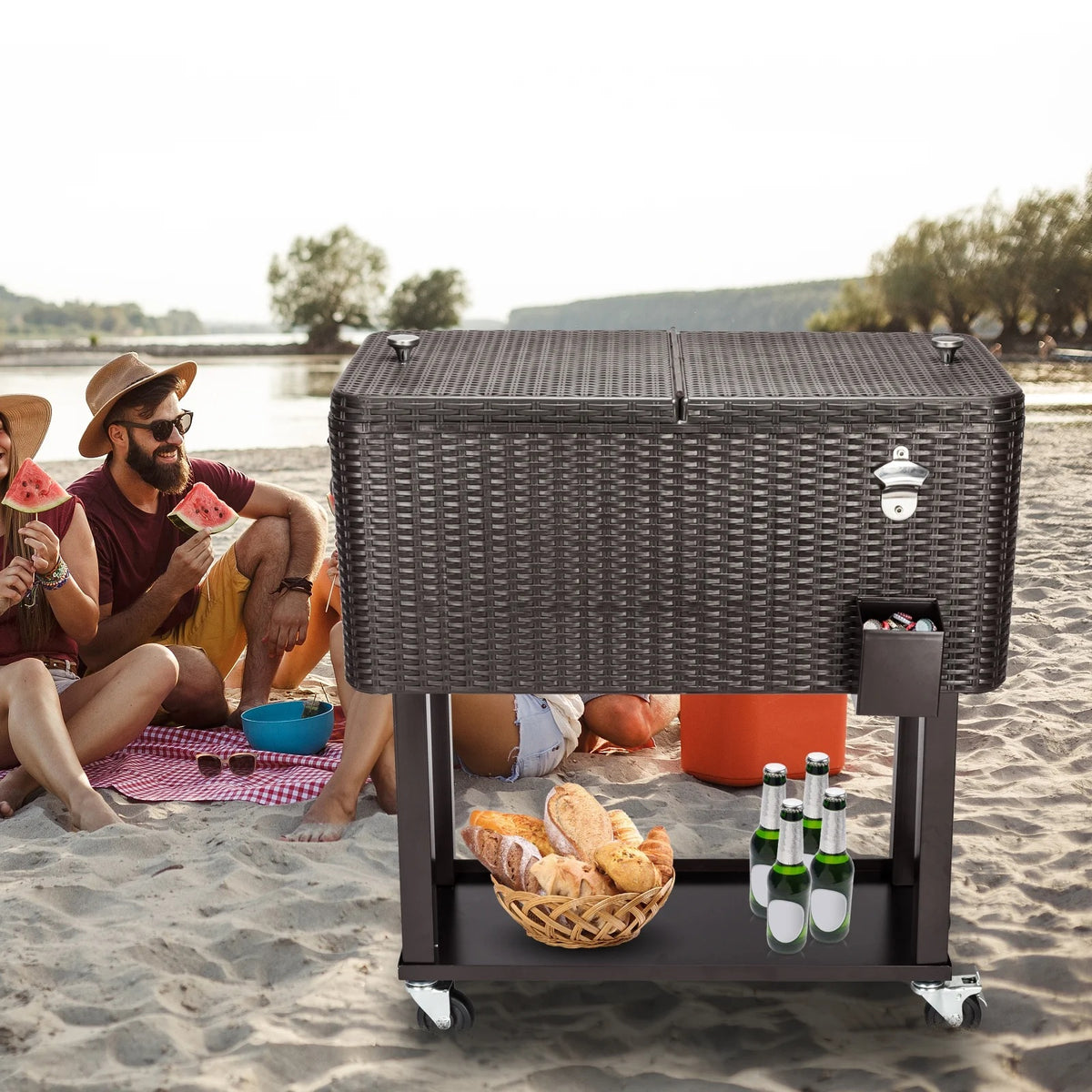 EasingRoom Iron Spray Plastic Patio Cooler Cart with Tray Cooler with Shelf Green