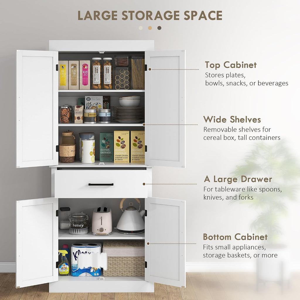 72" Tall Kitchen Pantry Cabinet Adjustable Shelves Barn Doors White