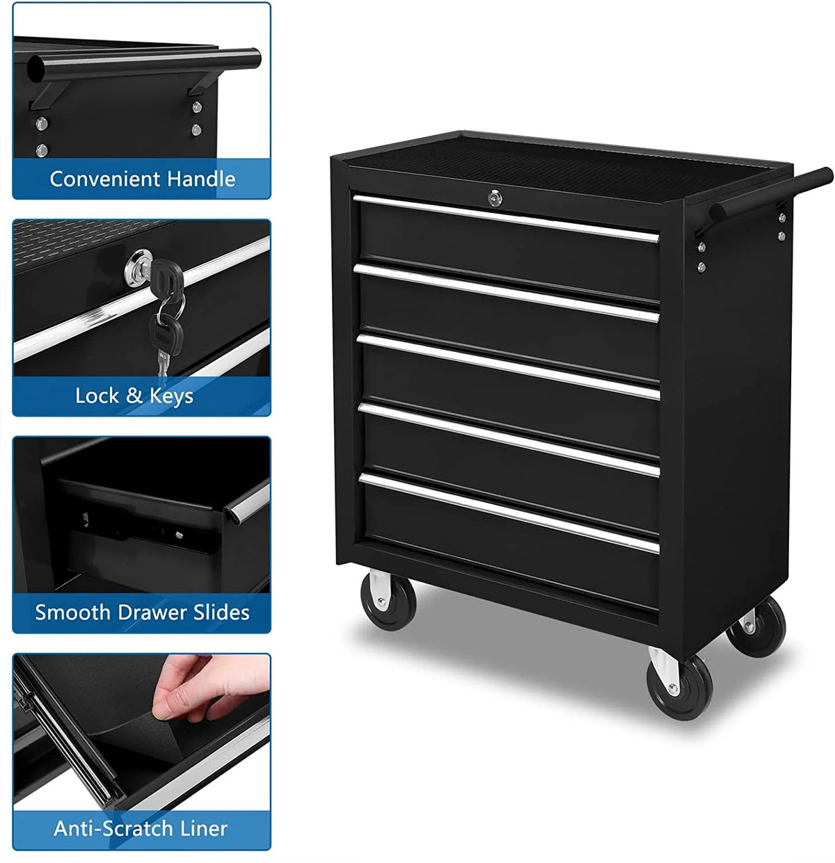 TUFFIOM 5-Drawer Rolling Tool Chest with Lock & Key, Tool Storage Organizer Box Cabinet with Wheels