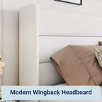 Queen Size Lift Up Storage Bed with Wingback Headboard, Upholstered Platform Bed Frame with Hidden Storage