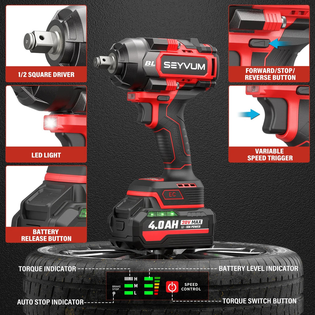 Cordless Impact Wrench, 1/2" Impact Gun, Max Torque 440 Ft-lbs (600 N.m) Heavy Duty Cordless Impact Driver, 3500 RPM Electric Impact Drill, 20V Brushless, 2x4.0Ah Li-ion Battery, 4Pcs Impact Sockets