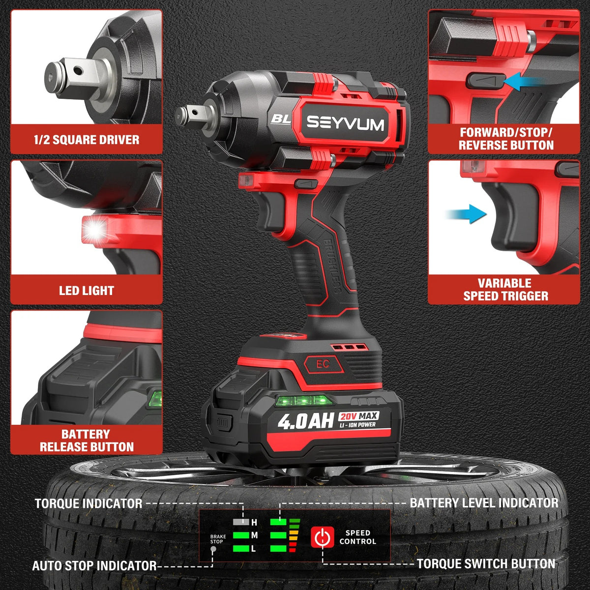 Cordless Impact Wrench, 1/2" Impact Gun, Max Torque 440 Ft-lbs (600 N.m) Heavy Duty Cordless Impact Driver, 3500 RPM Electric Impact Drill, 20V Brushless, 2x4.0Ah Li-ion Battery, 4Pcs Impact Sockets