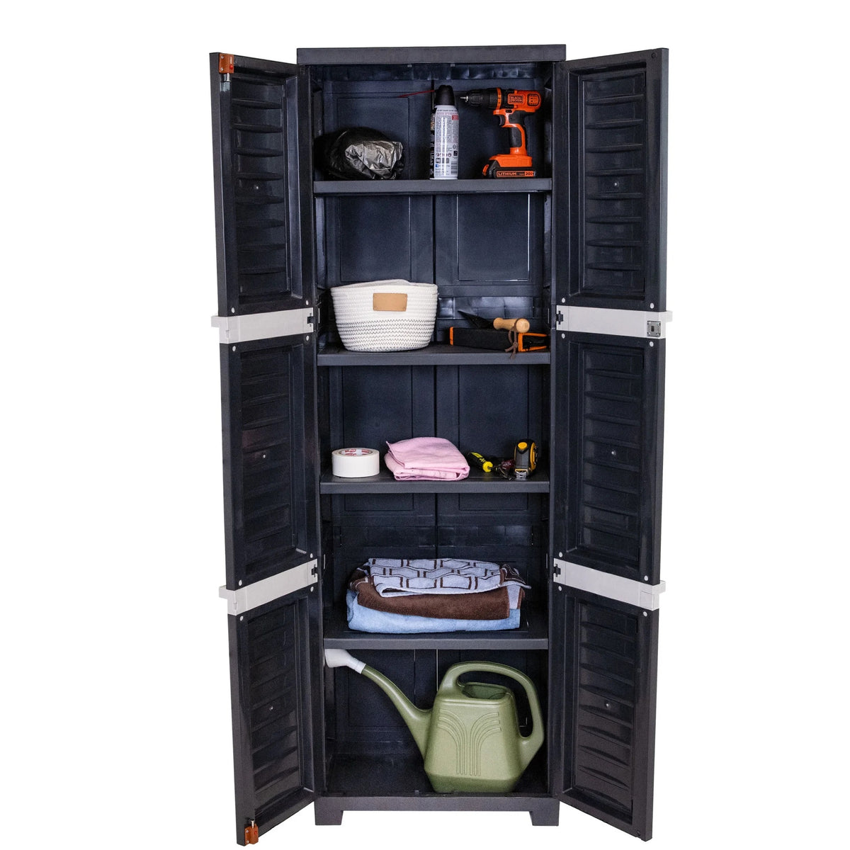 Sunnydaze Lockable Adjustable 72" Plastic 4-Shelf Freestanding Garage Storage Cabinet, Charcoal with Gray Trim