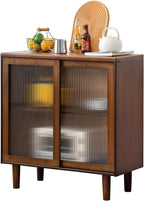Bamboo Sideboard Buffet Cabinet, Rattan Kitchen Storage Cabinet, Boho Coffee Bar Tables for Kitchen Living Room Hallway Office, Walnut