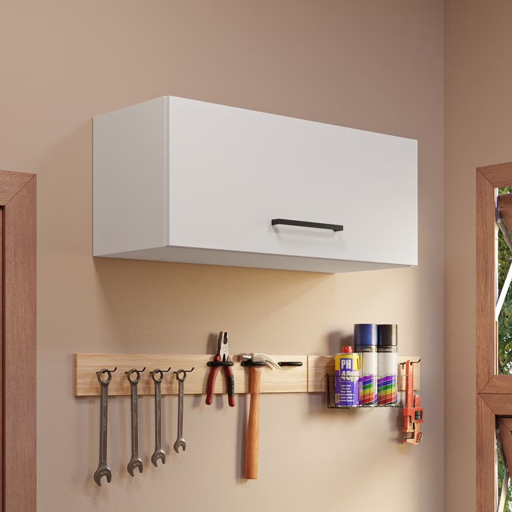 Madesa Slim Garage and Utility Room Wall Storage Cabinet with Horizontal Door and Shelves 31 Inch Wooden Organization Unit - White